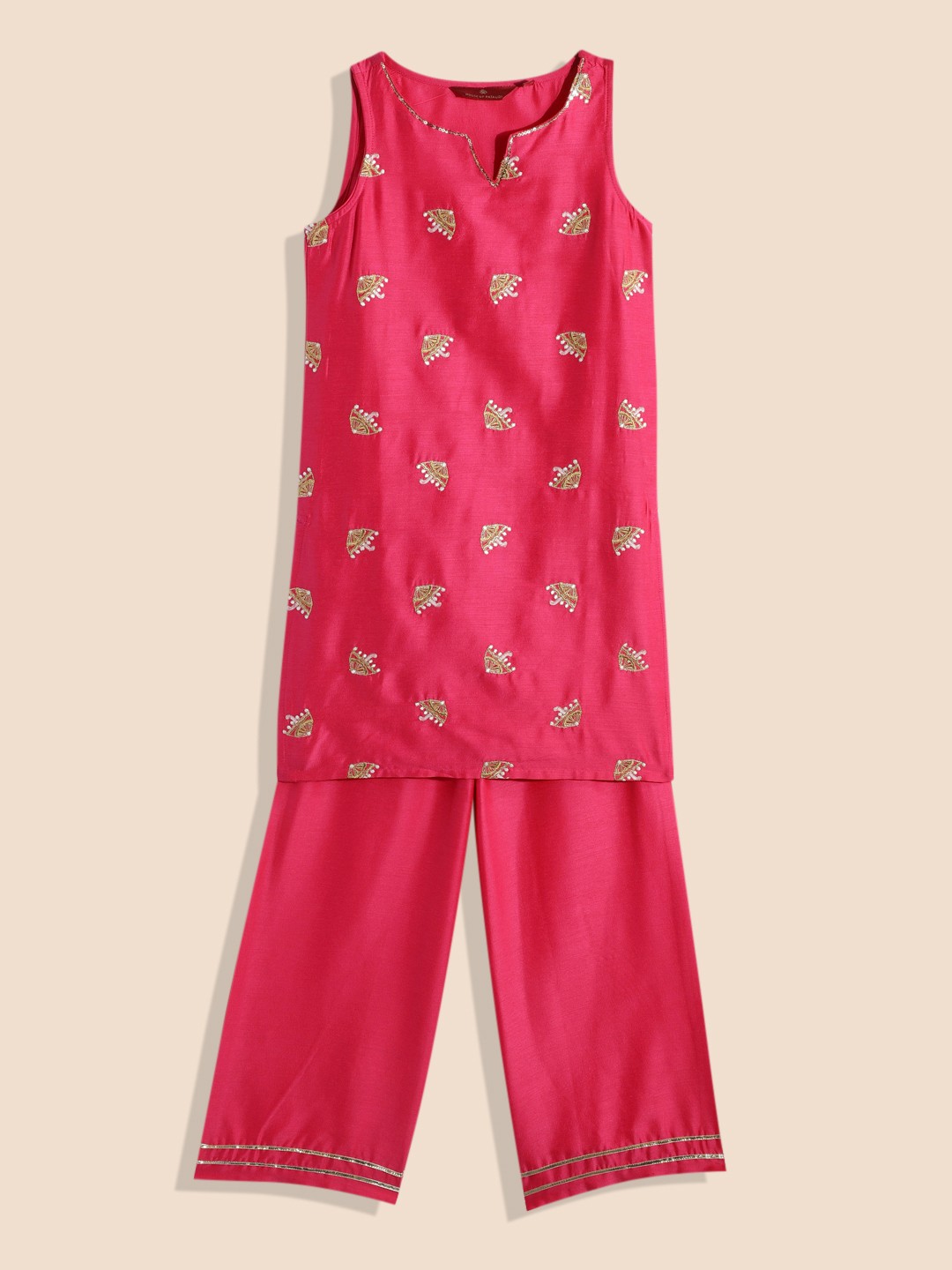 

House of Pataudi Girls Fuchsia Ethnic Motifs Embroidered Regular Thread Work Pure Cotton Kurta with Palazzos