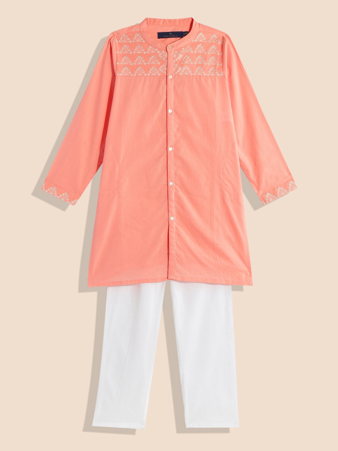 House of Pataudi Rozana Boys Ethnic Motifs Yoke Design Pure Cotton Kurta & Trousers, Peach