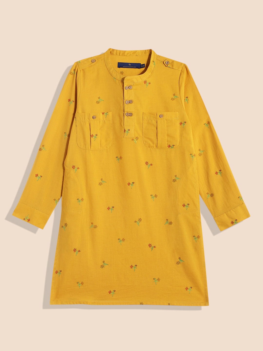 

House of Pataudi Boys Floral Printed Pure Cotton Kurta, Mustard