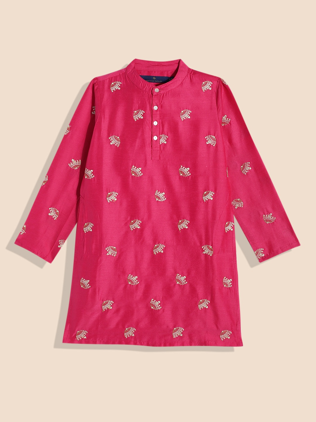 

House of Pataudi Boys Embroidered A-Line Kurta, Fuchsia