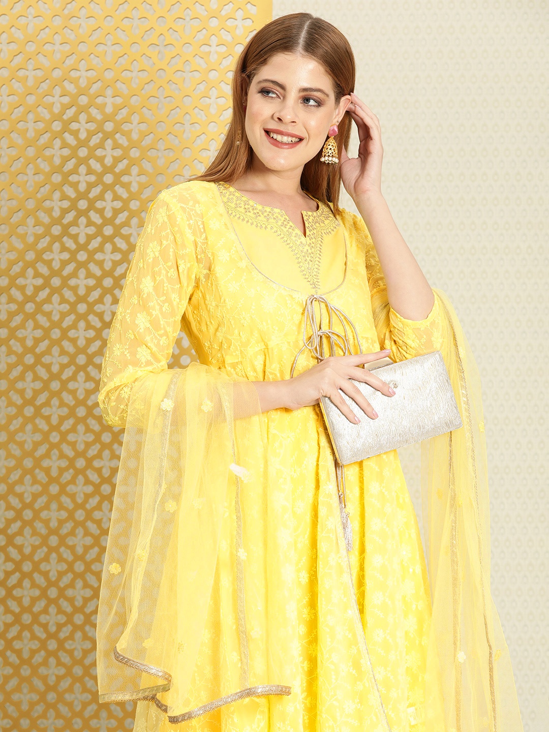 

House of Pataudi Jashn Women All Over Embroidered Layered Sequinned Kurta & Sharara, Yellow