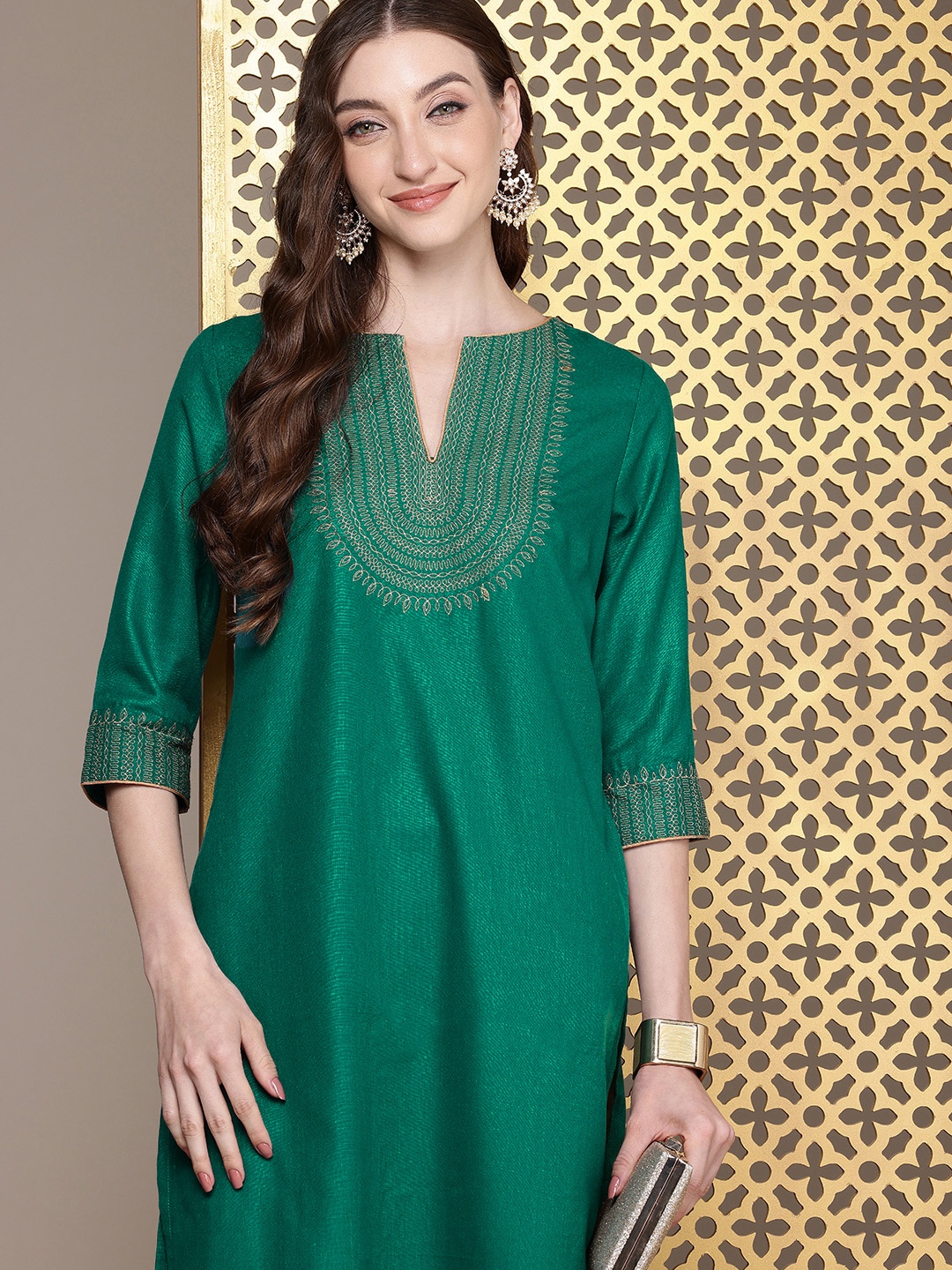 

House of Pataudi Women Ethnic Motifs Embroidered Jashn Kurta, Green