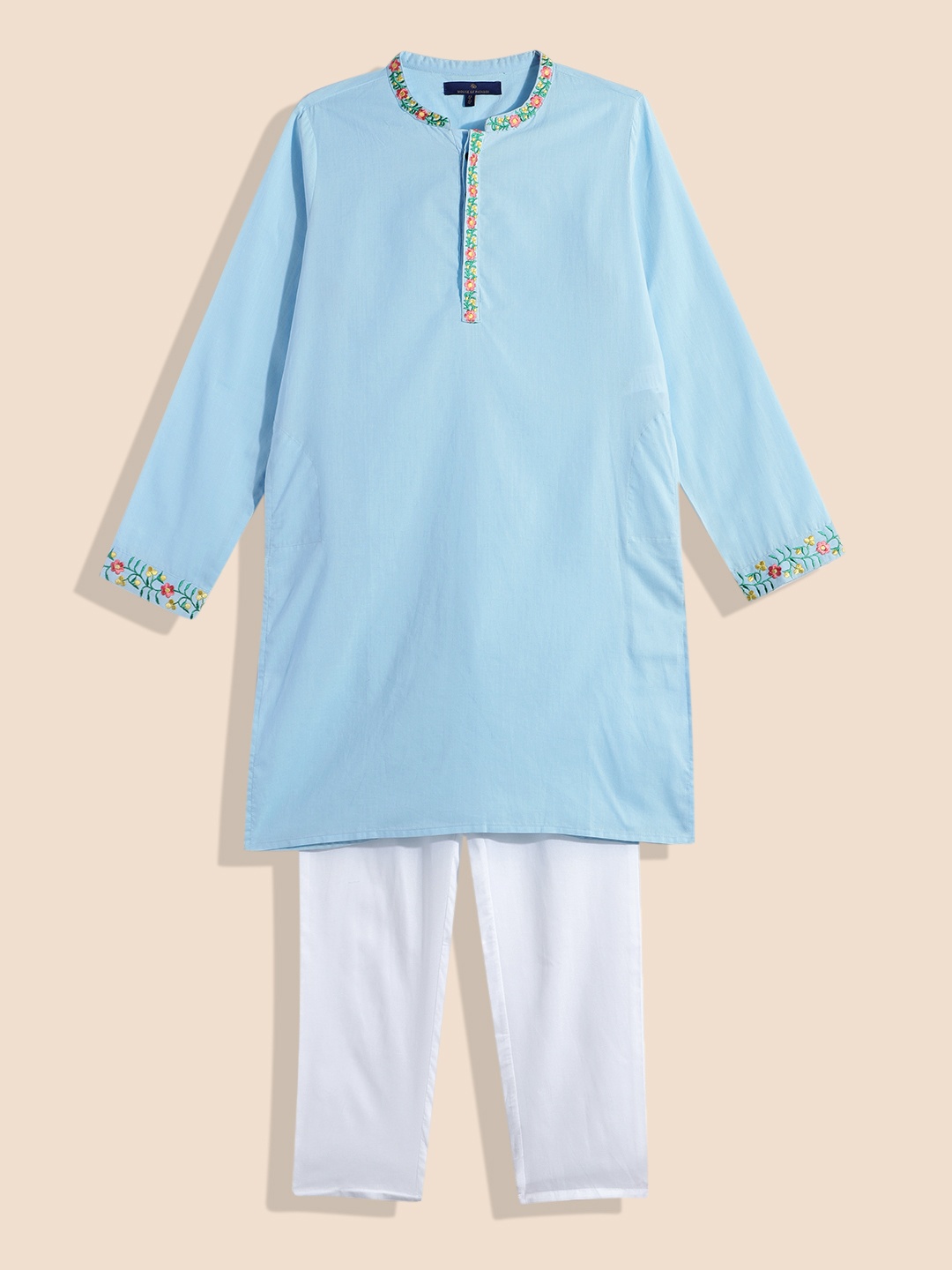 

House of Pataudi Boys Floral Yoke Design Embroidered Pure Cotton Rozana Kurta & Pyjamas, Blue