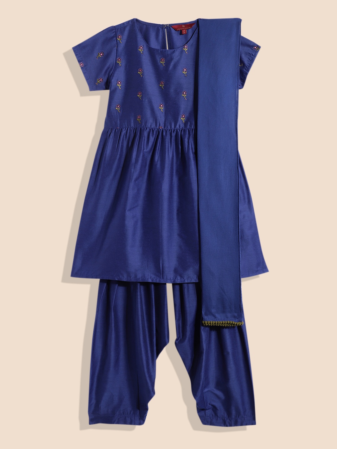 

House of Pataudi Girls Rozana Embroidered Kurta Set With Dupatta, Blue