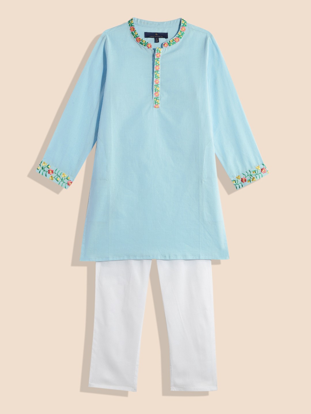 

House of Pataudi Rozana Boys Floral Placement Embroidered Pure Cotton Kurta & Trousers, Blue