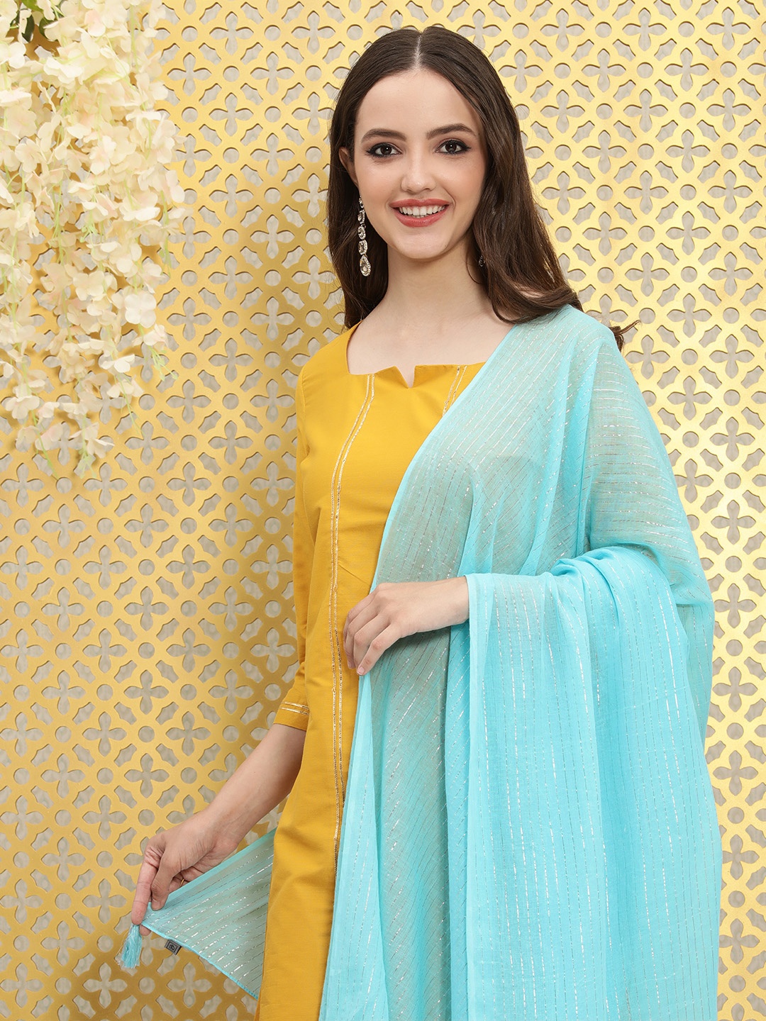 

Ode by House of Pataudi Turquoise Blue & Silver-Toned Striped Pure Cotton Dupatta with Zari
