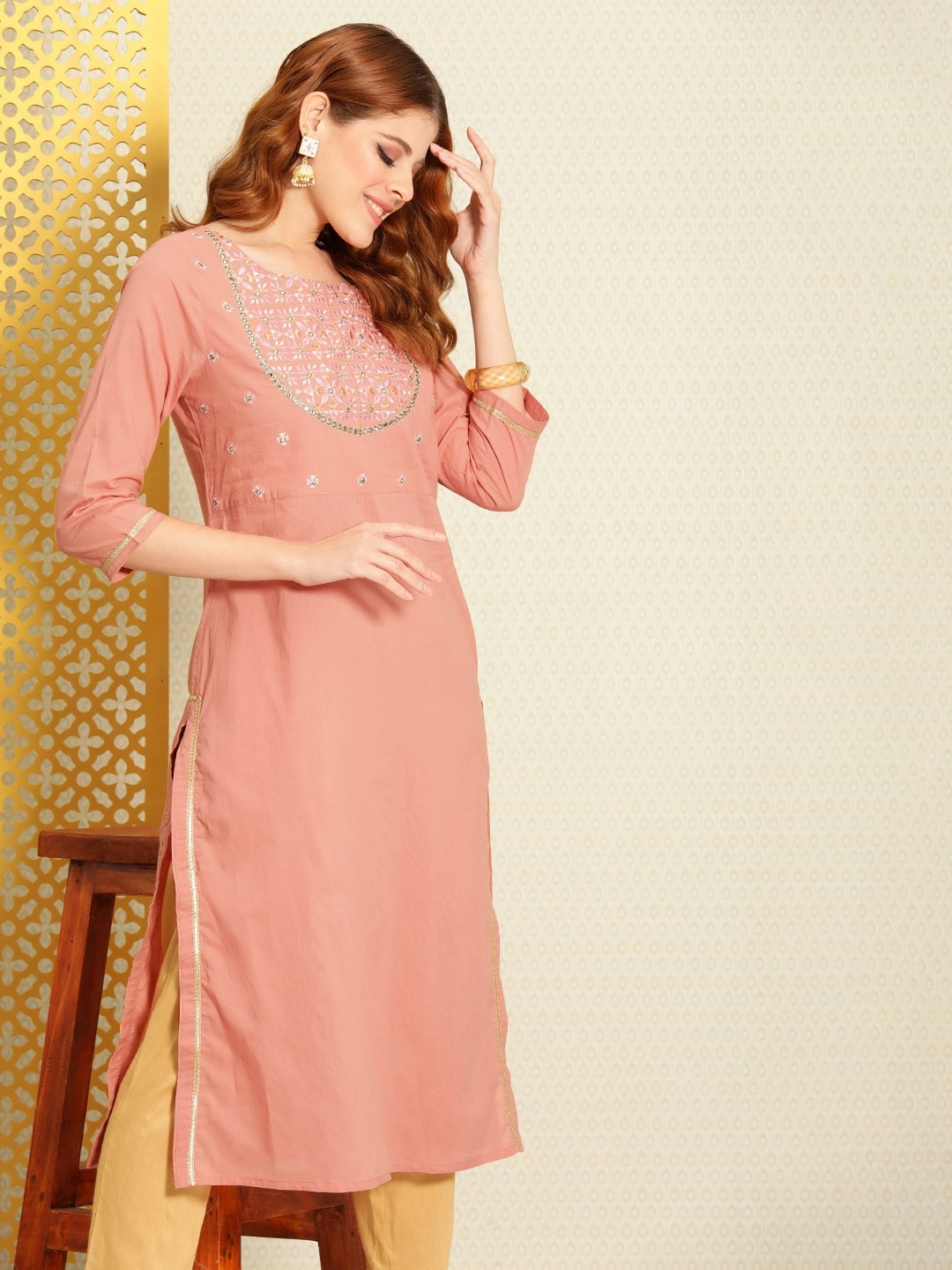 

House of Pataudi Women Ethnic Motifs Embroidered Rozana Kurta With Mirror Work, Peach