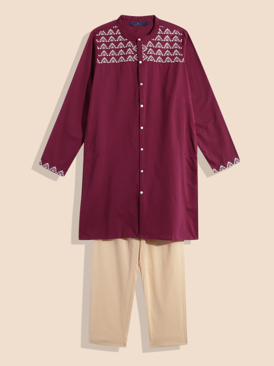 

House of Pataudi Boys Yoke Design Embroidered Pure Cotton Rozana Kurta & Pyjamas, Purple