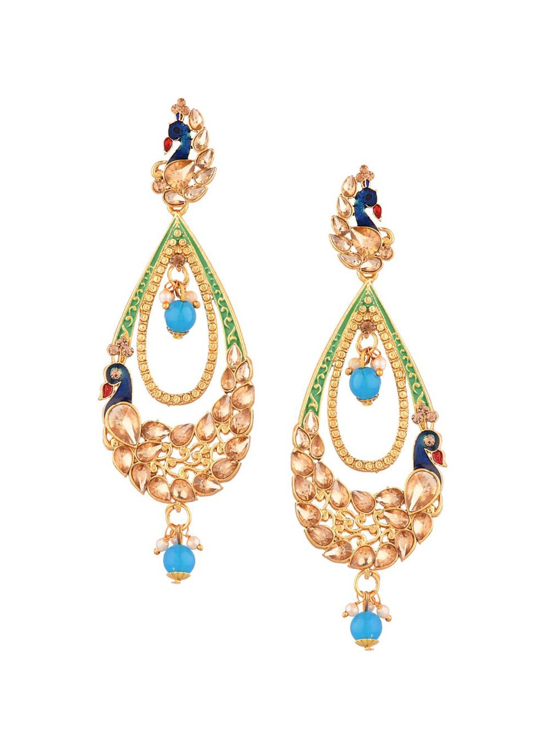 

Efulgenz Blue & Gold-Toned Floral Crystal Kundan Drop Earrings
