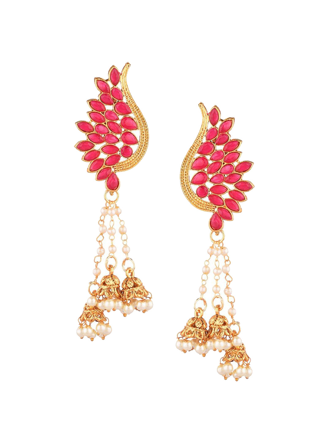 

Efulgenz Gold-Toned & Pink Leaf Shaped Jhumkas Earrings