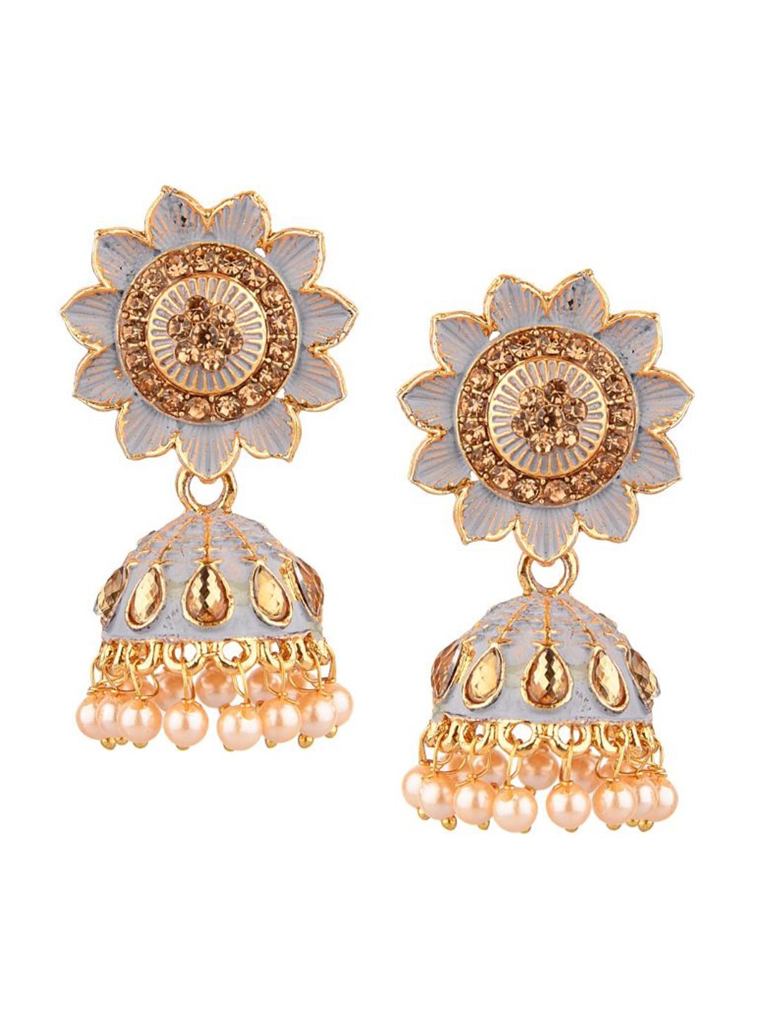 

Efulgenz Grey Floral Antique Crystal Kundan Jhumkas Earrings