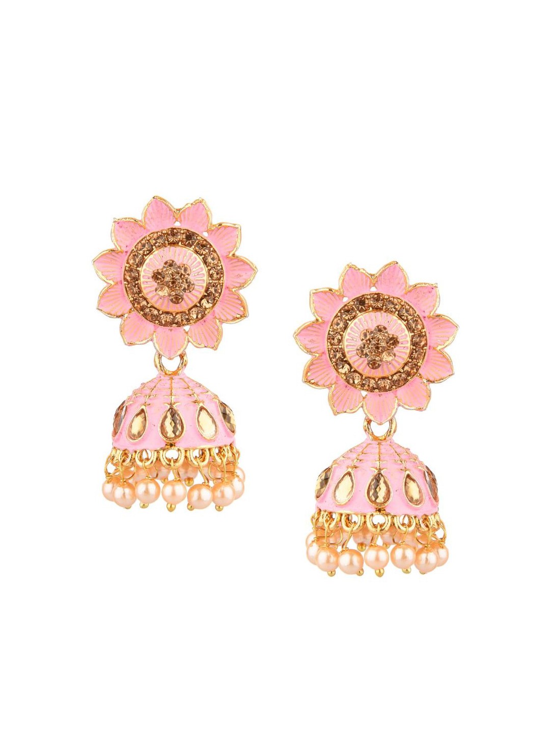 

Efulgenz Gold-Toned & Peach-Coloured Floral Jhumkas Earrings