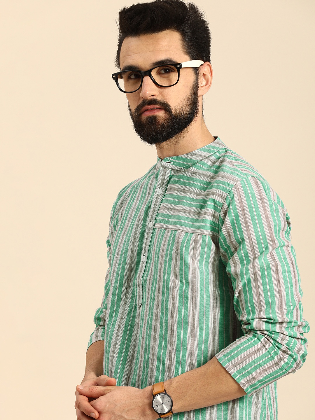 

Anouk Men Blue Striped Pure Cotton Kurta