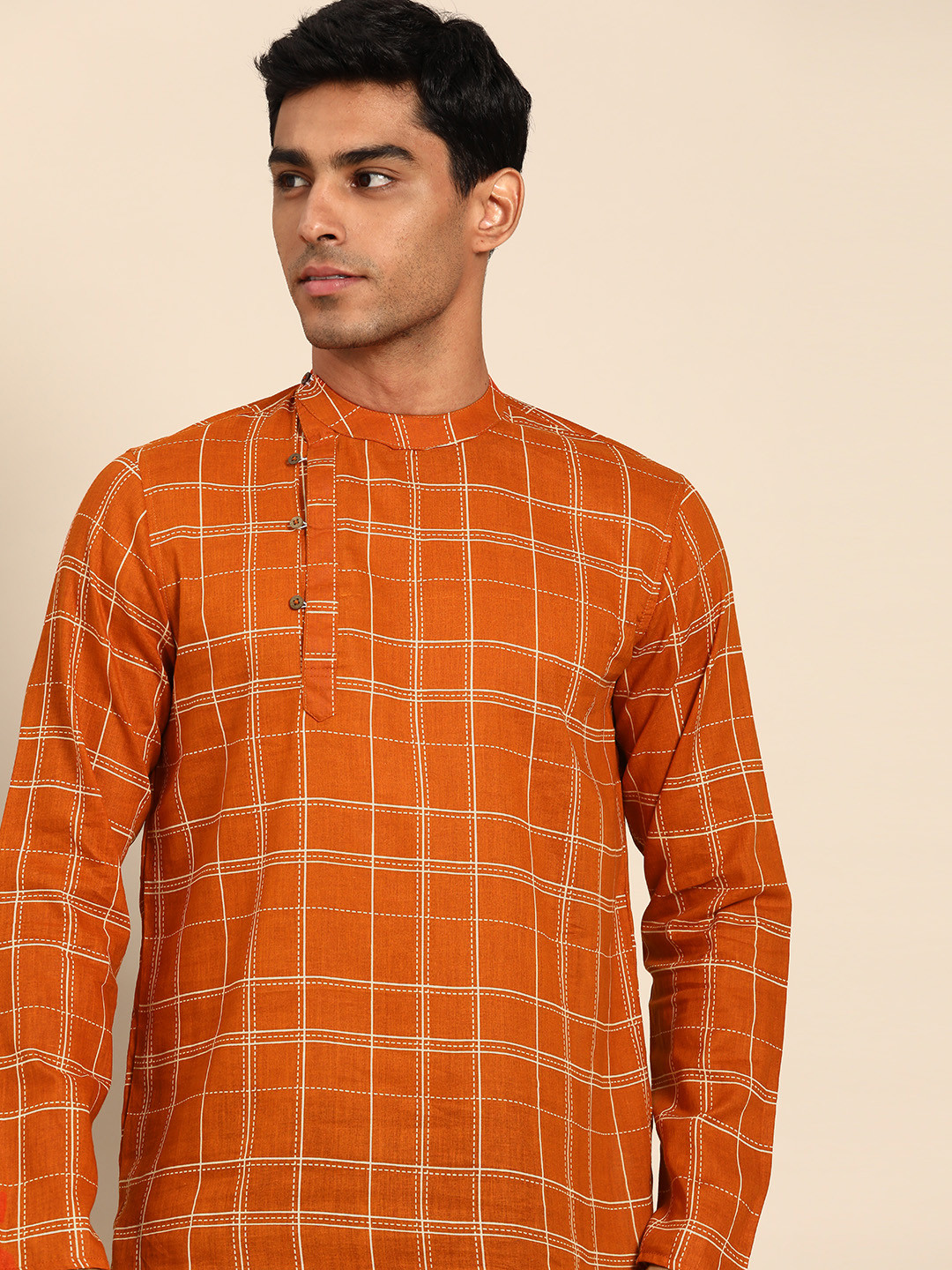 

Anouk Men Pure Cotton Checked Kurta, Rust