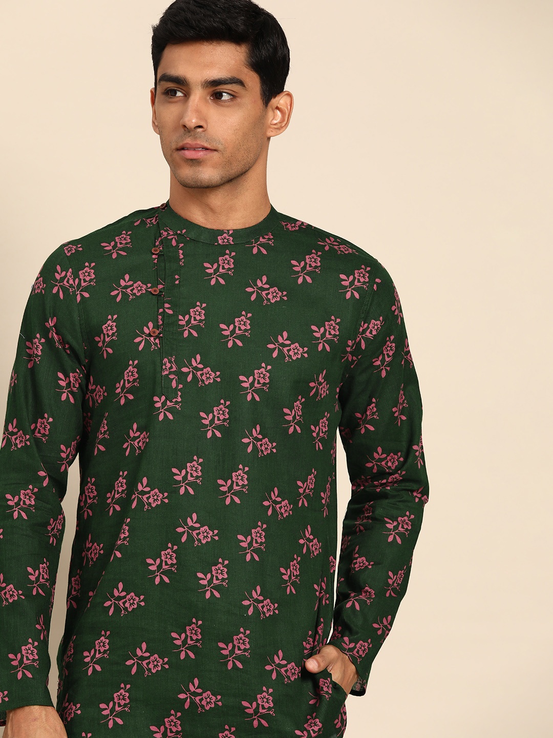 

Anouk Men Floral Printed Pure Cotton Kurta, Green