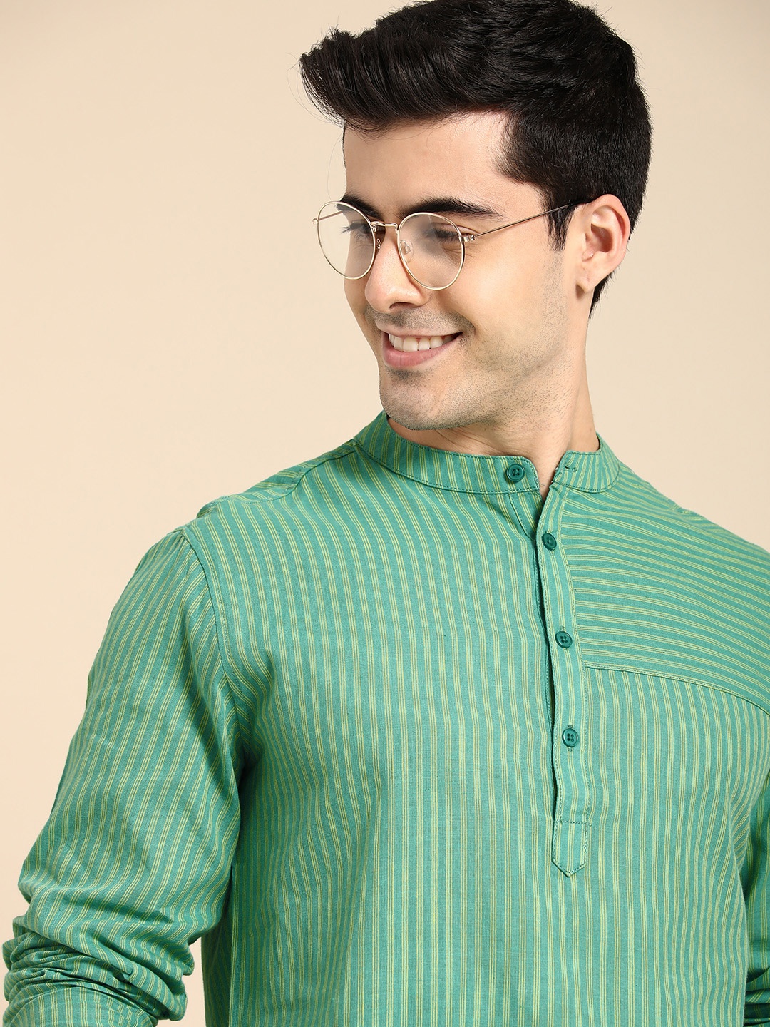 

Anouk Men Green Striped Pure Cotton Kurta