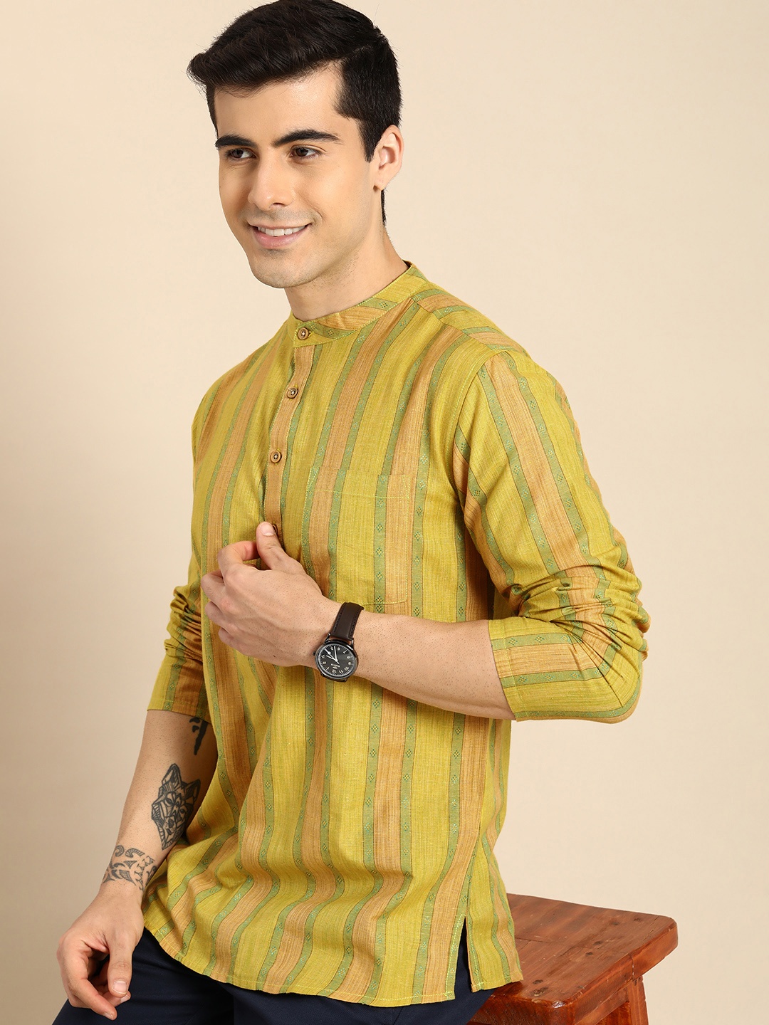 

Anouk Men Yellow & Green Striped Flared Sleeves Kurta