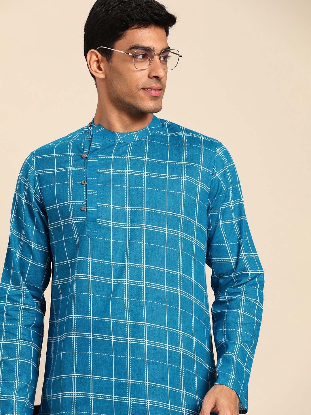 

Anouk Men Pure Cotton Checked Kurta, Blue