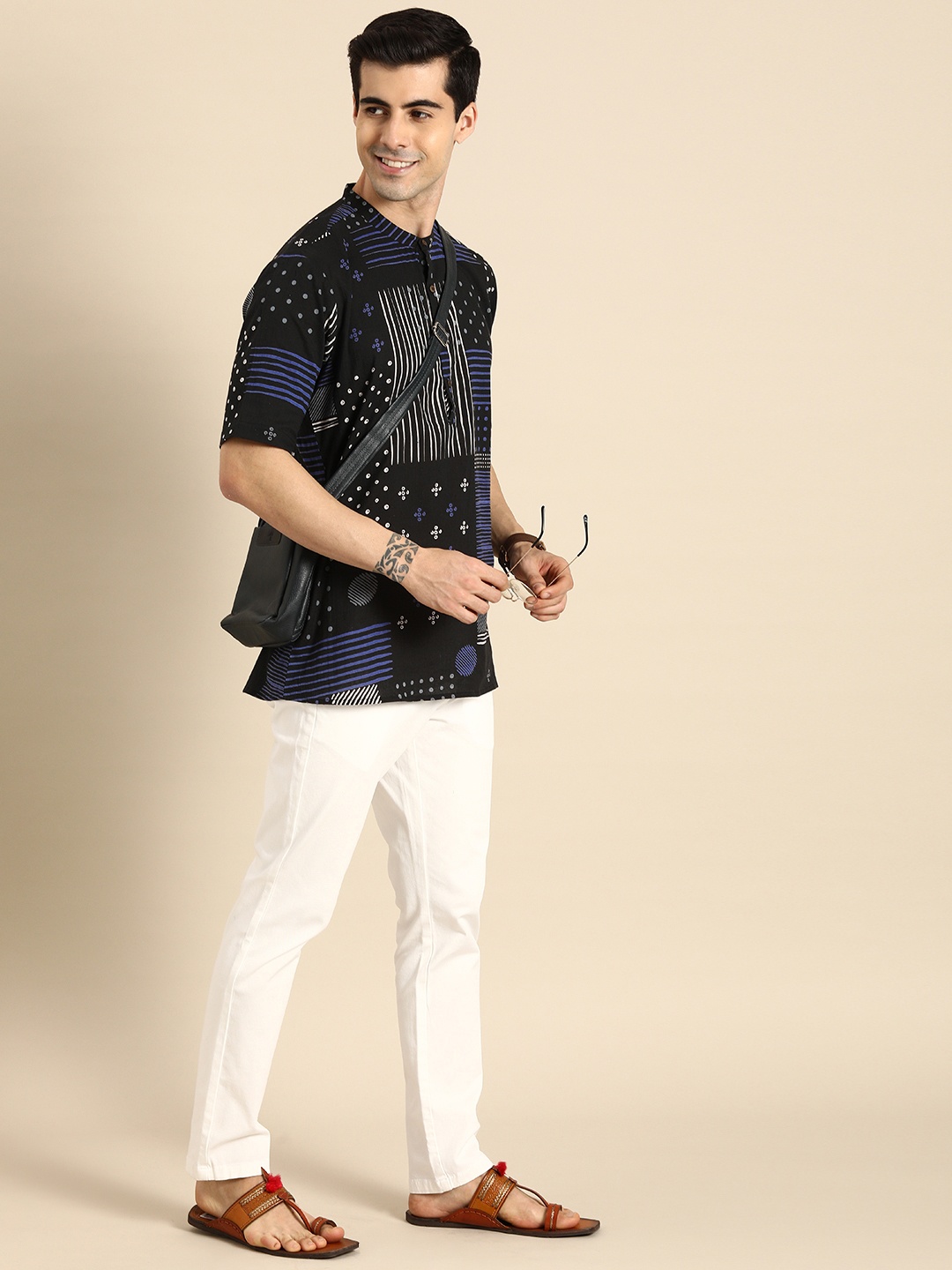 

Anouk Men Black & White Geometric Print & Striped Mandarin Collar Pure Cotton Kurta