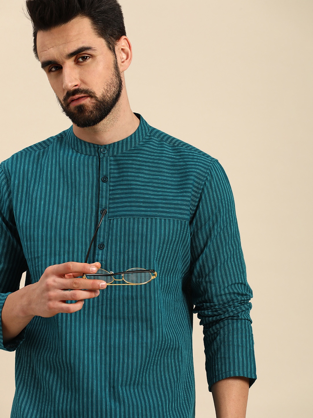 

Anouk Men Teal Blue Striped Pure Cotton Kurta