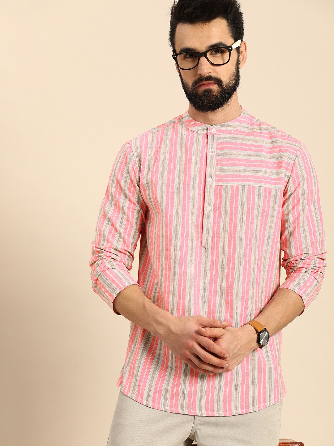 

Anouk Men Pink Striped Pure Cotton Kurta