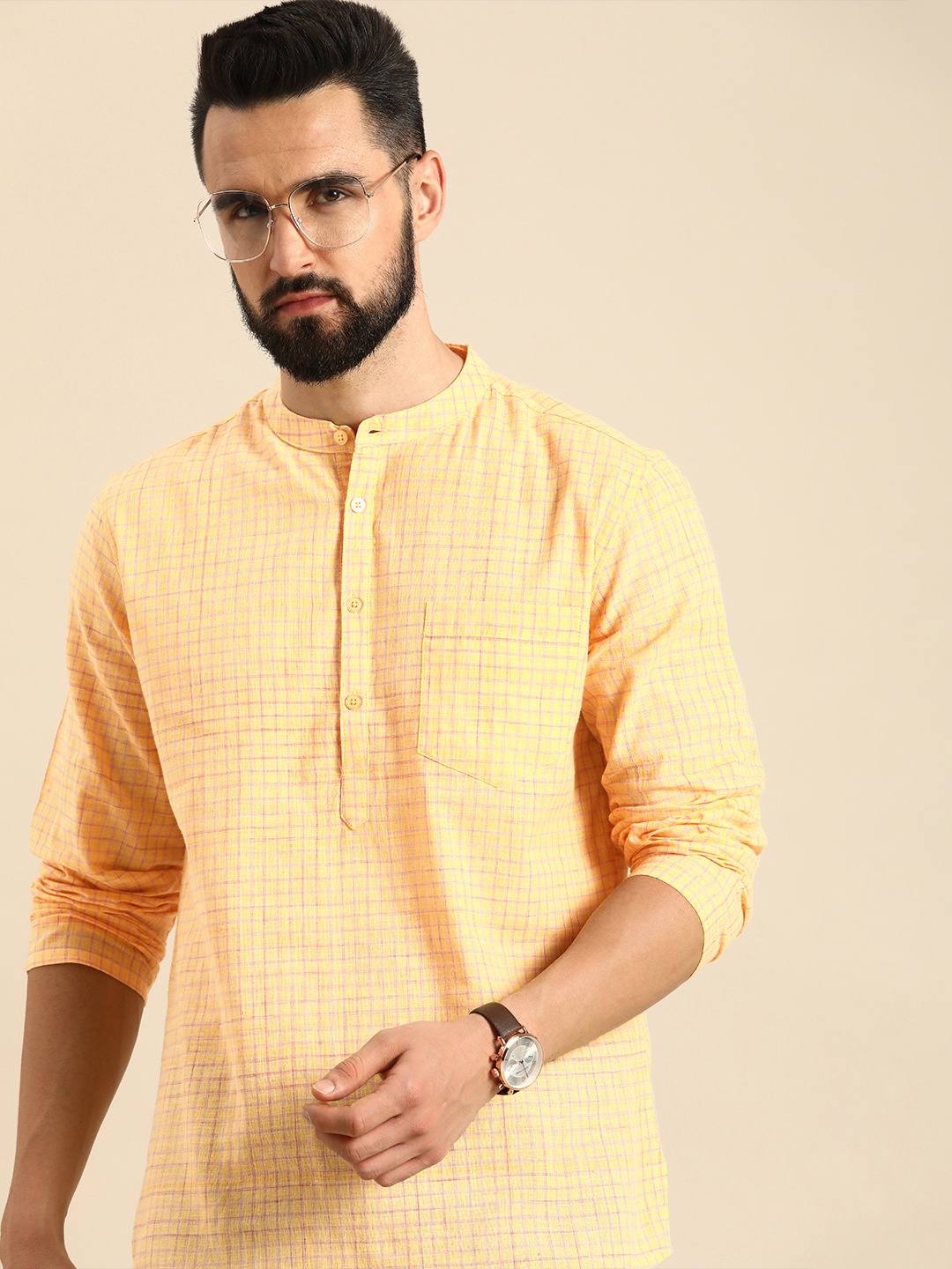 

Anouk Men Checked Pure Cotton Mandarin Collar Kurta, Yellow