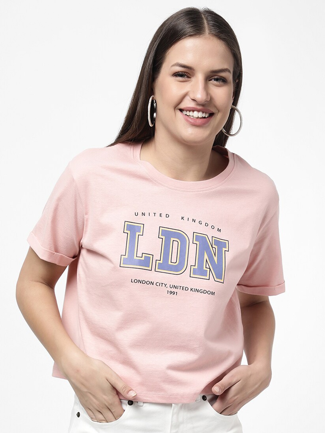 

R&B Women Pink Typography Printed Drop-Shoulder Sleeves T-shirt