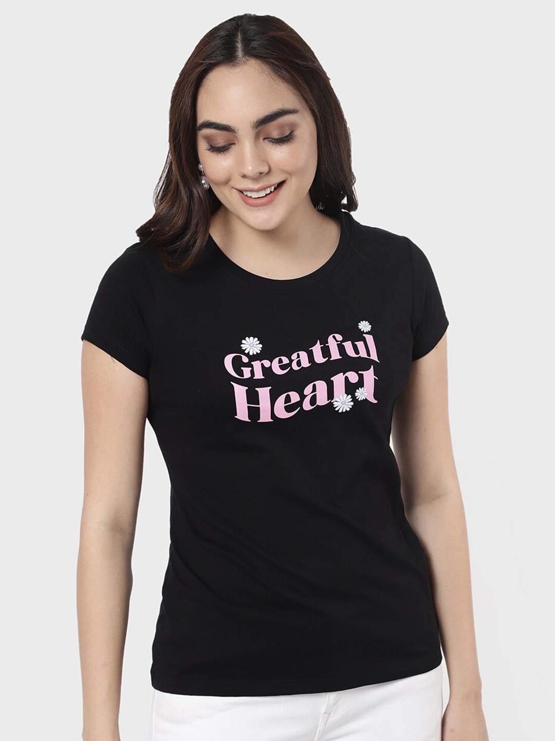 

R&B Women Black Cotton Typography T-shirt