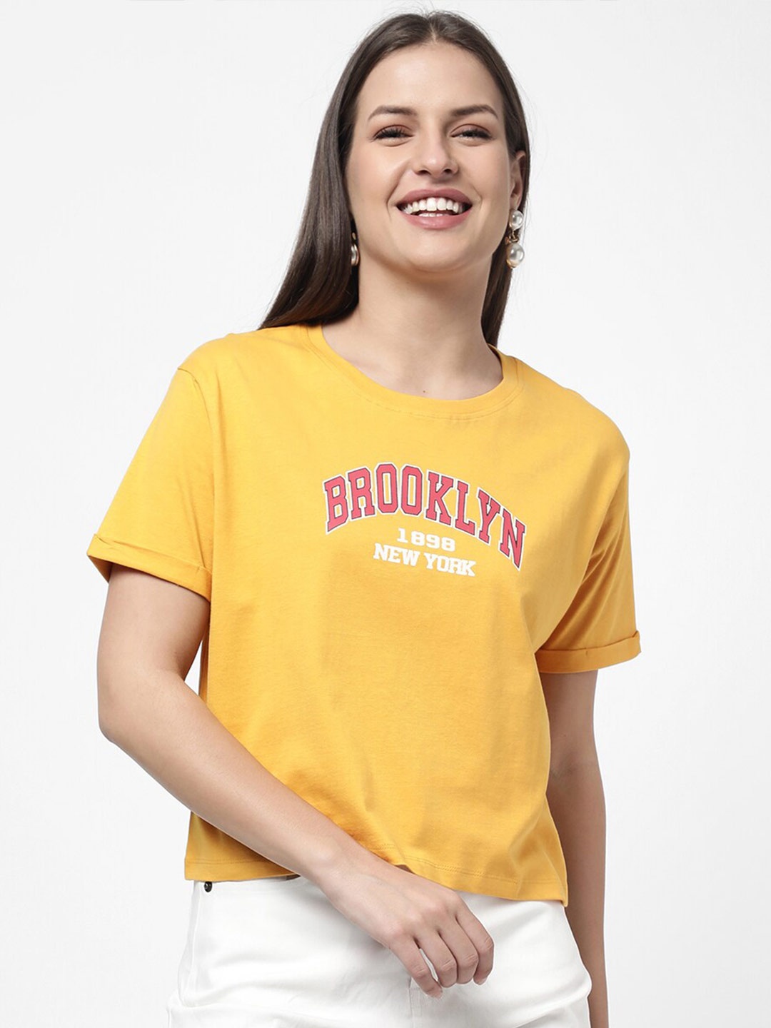 

R&B Women Yellow Typography Printed Drop-Shoulder Sleeves T-shirt