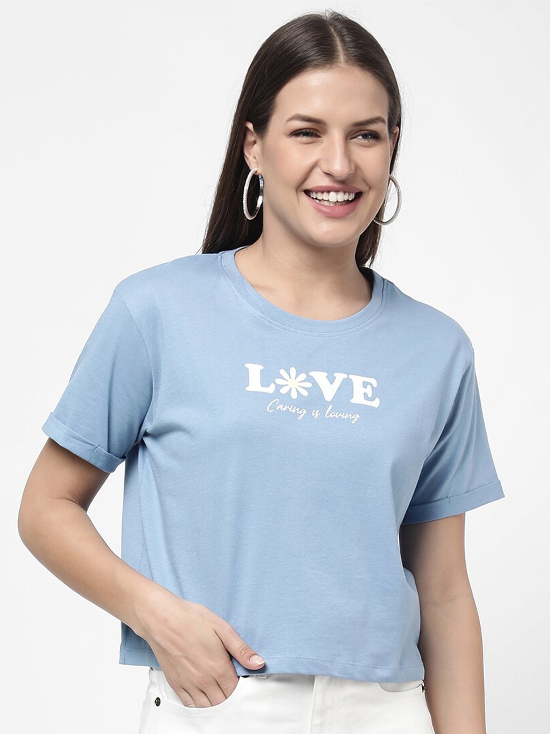 

R&B Women Blue Cotton Typography Printed Applique T-shirt