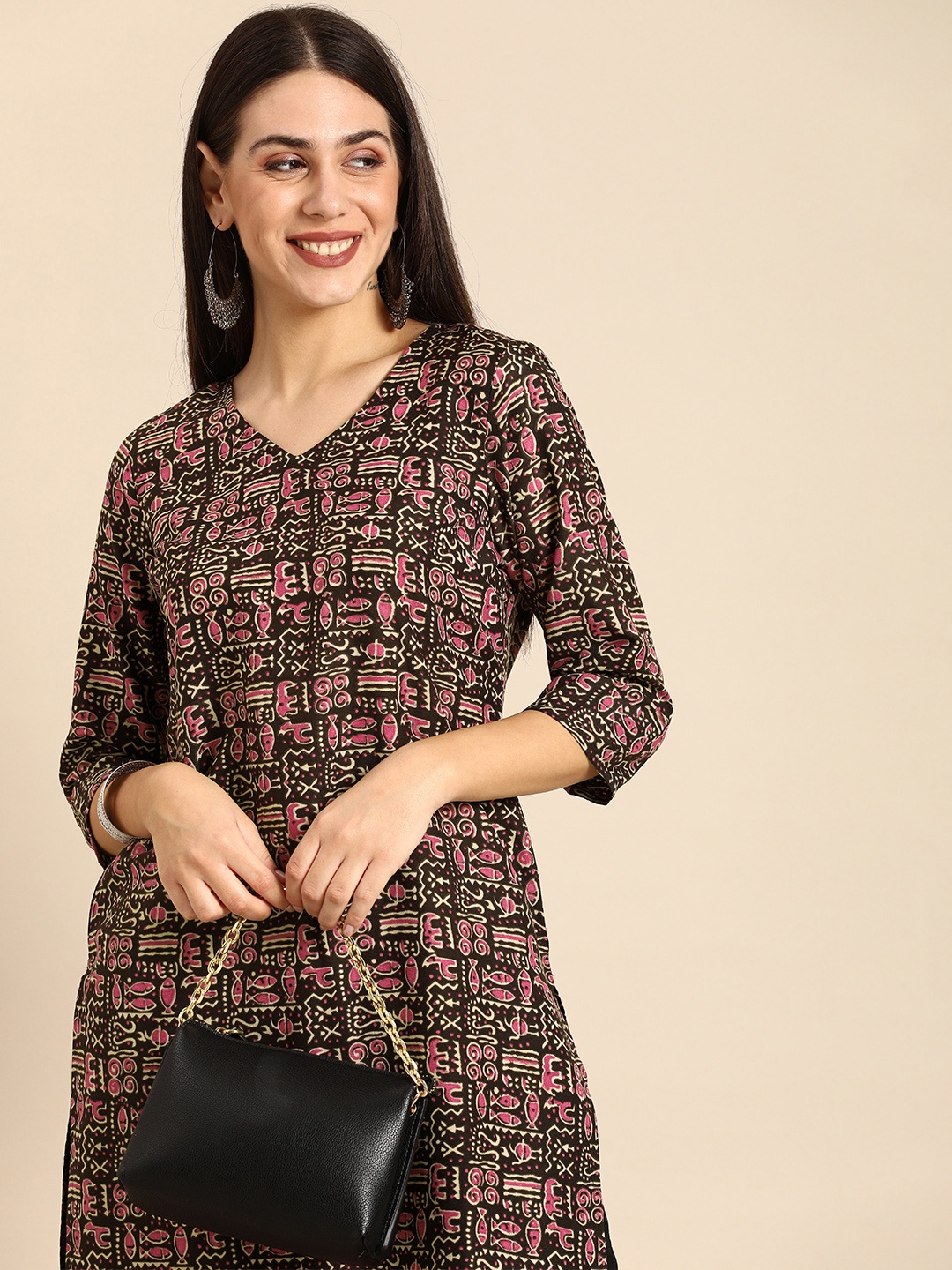 

Anouk Women Brown & Pink Quirky Printed Straight Kurta