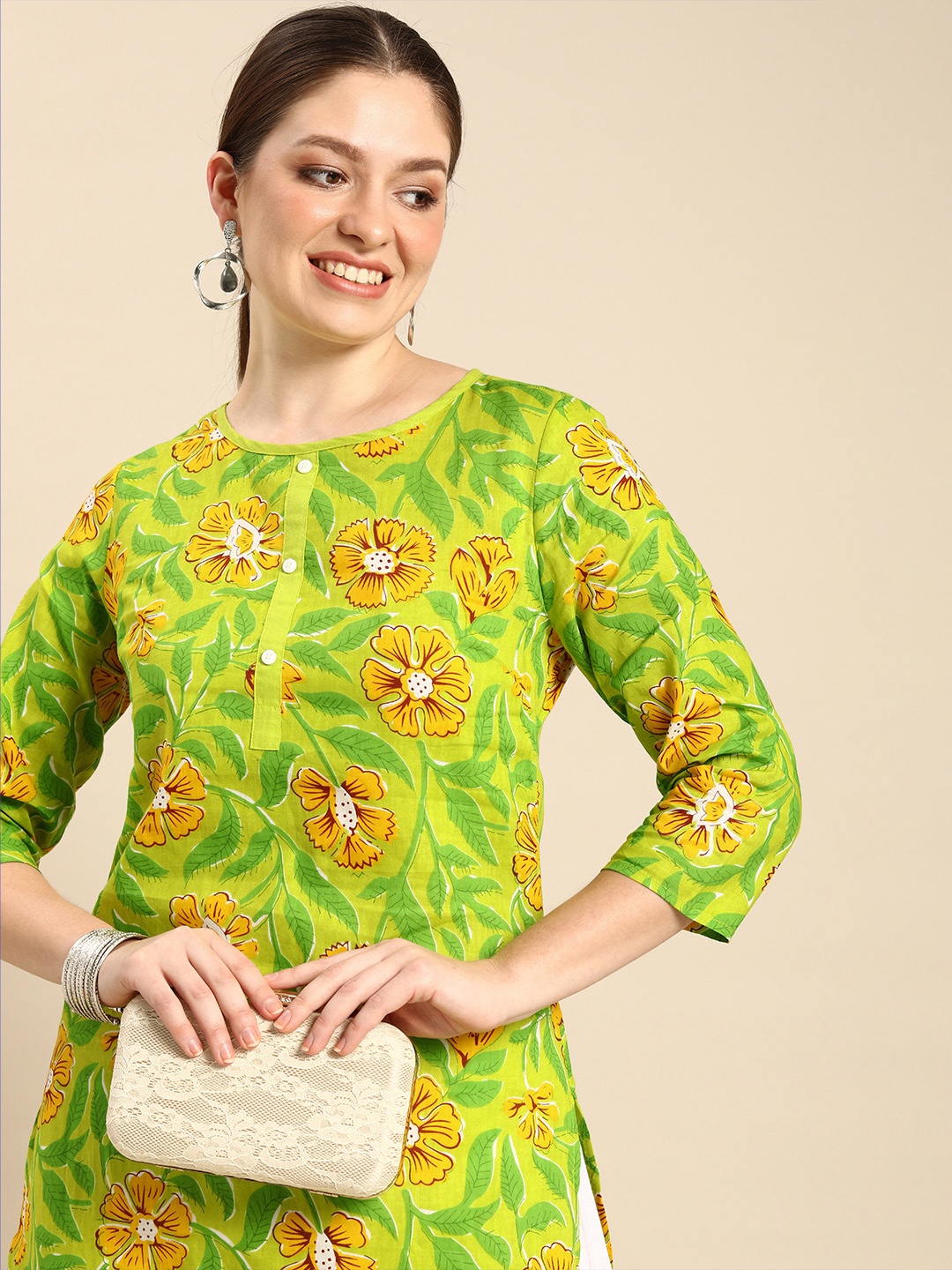 

Anouk Women Green & Yellow Floral Printed Pure Cotton A-Line Kurta