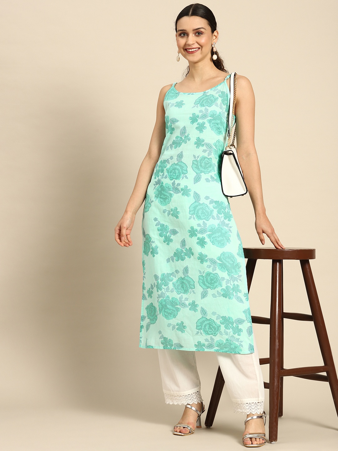 

Anouk Floral Printed Pure Cotton Shoulder Straps Kurta, Green