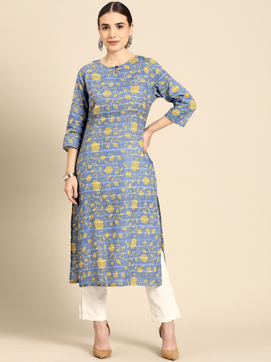 Anouk Women Blue & Yellow Pure Cotton Floral Printed Keyhole Neck Floral Kurta