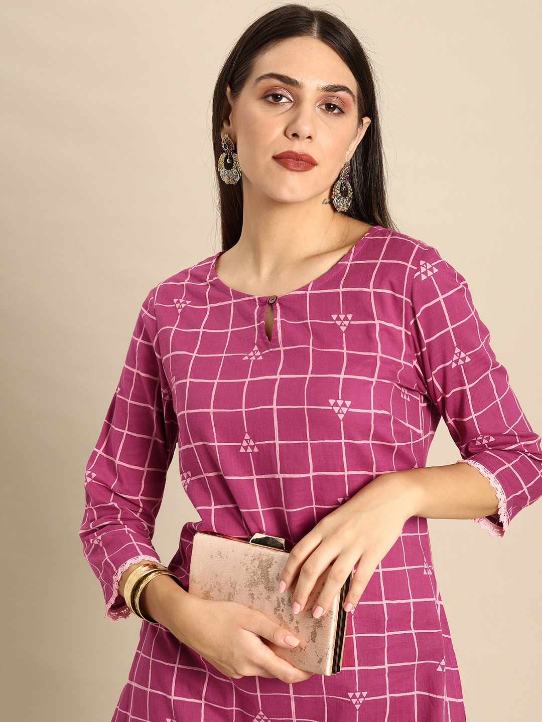 

Anouk Women Pink Checked Keyhole Neck Pure Cotton Kurta