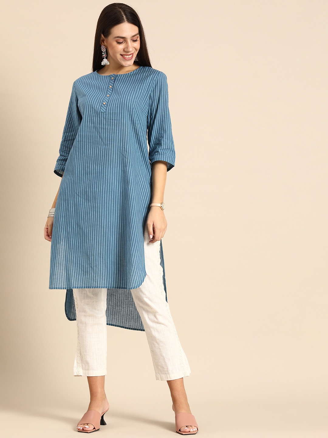 

Anouk Women Blue Striped Pure Cotton Kurta With High-Low Hem