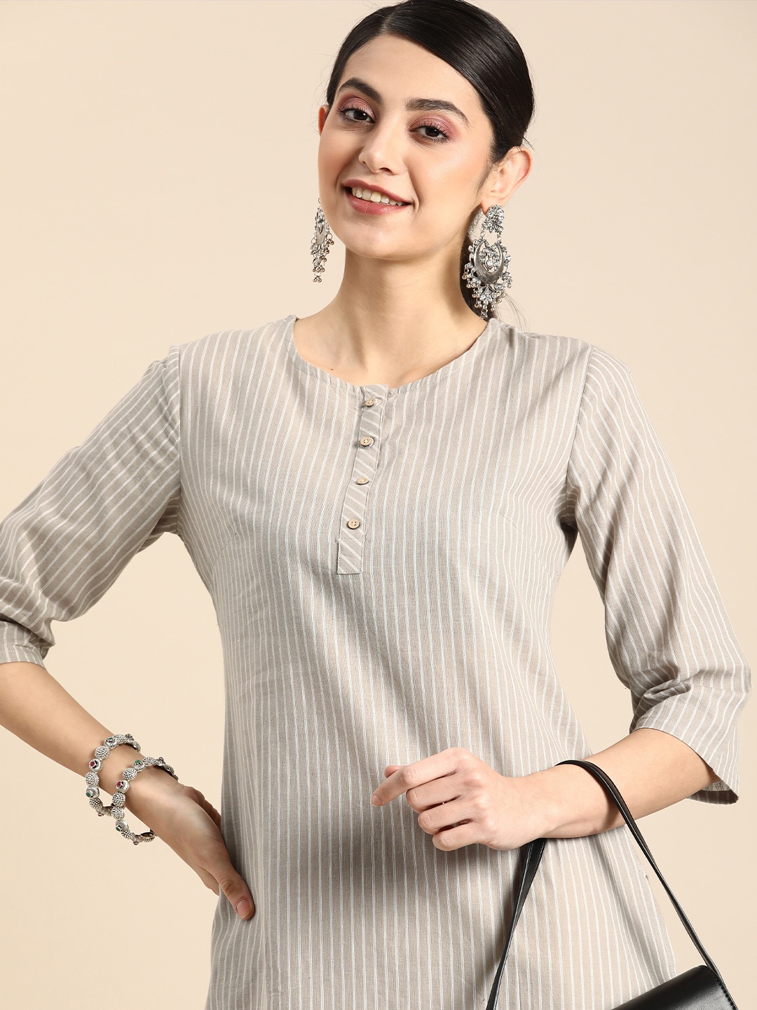 

Anouk Round Neck Striped Pure Cotton A-Line Kurta, Grey