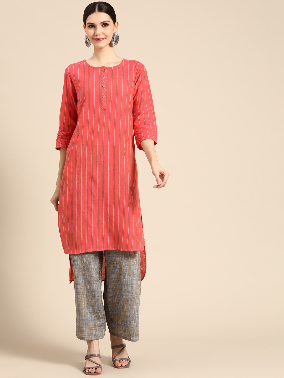 

Anouk Women Pink & Green Pure Cotton Striped High-Low Hemline Straight Kurta