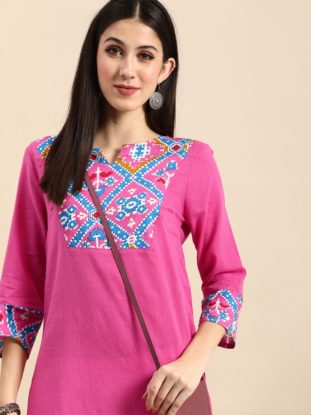 

Anouk Women Pink & Blue Ethnic Motifs Yoke Design Kurta