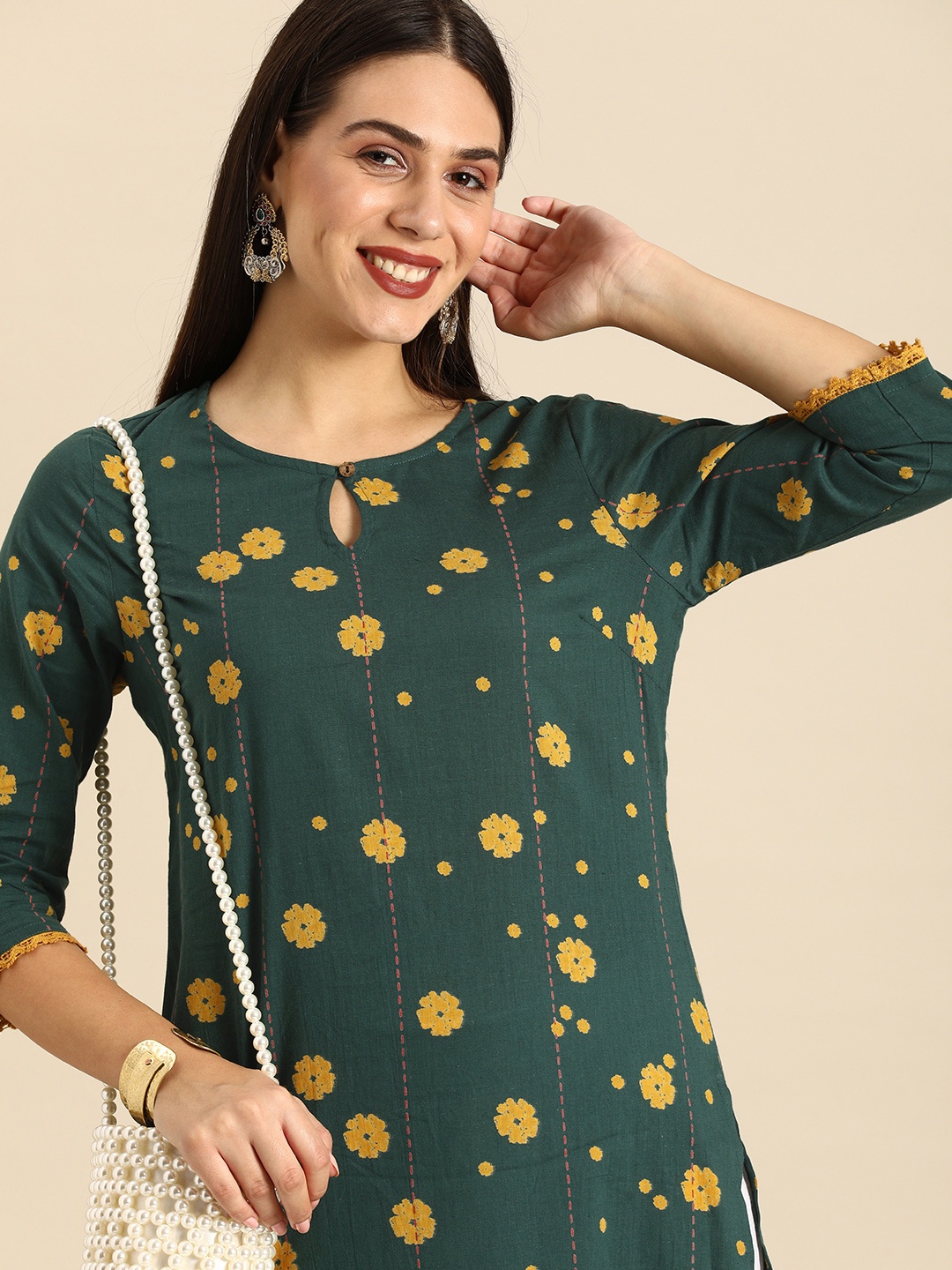 

Anouk Women Green & Yellow Floral Printed Keyhole Neck Pure Cotton Kurta