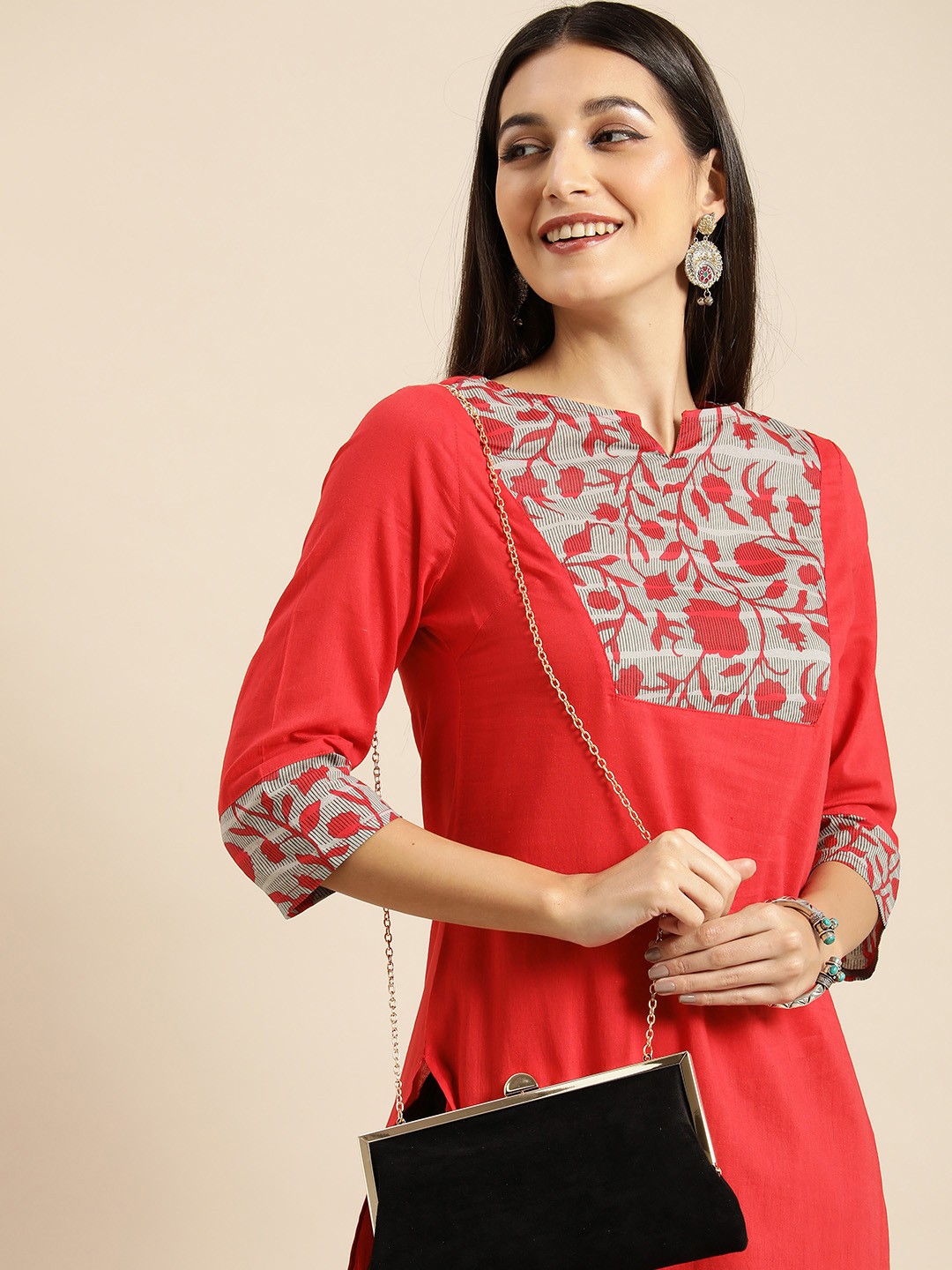 

Anouk Women Red Floral Yoke Design Pure Cotton Straight Kurta