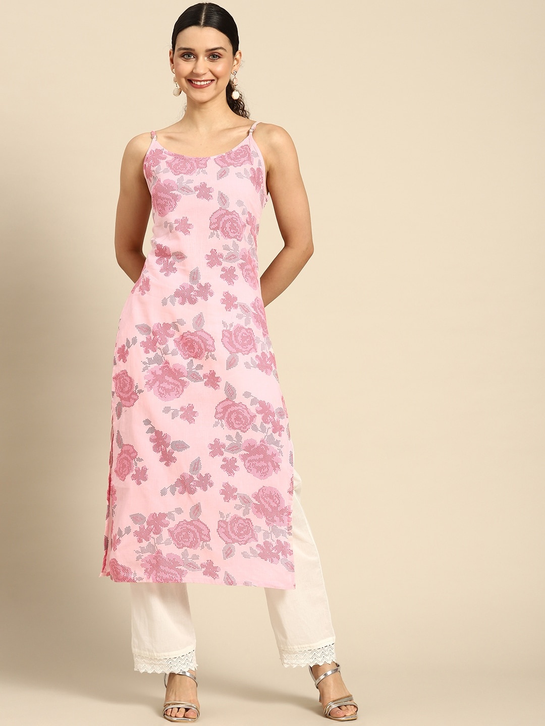 

Anouk Floral Printed Pure Cotton Shoulder Straps Kurta, Pink