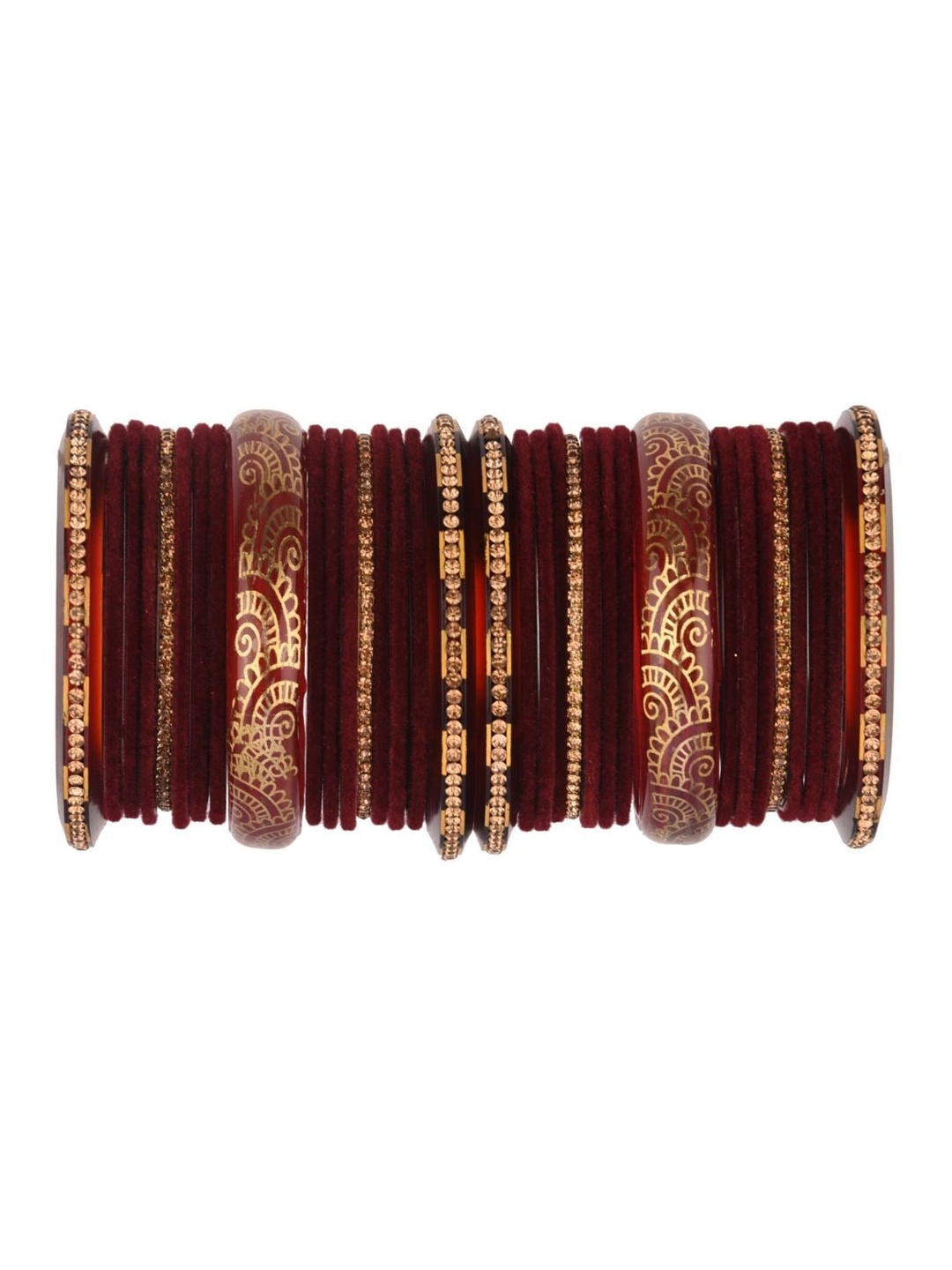 

Efulgenz Set Of 34 Maroon & Gold-Toned Studded Bangles