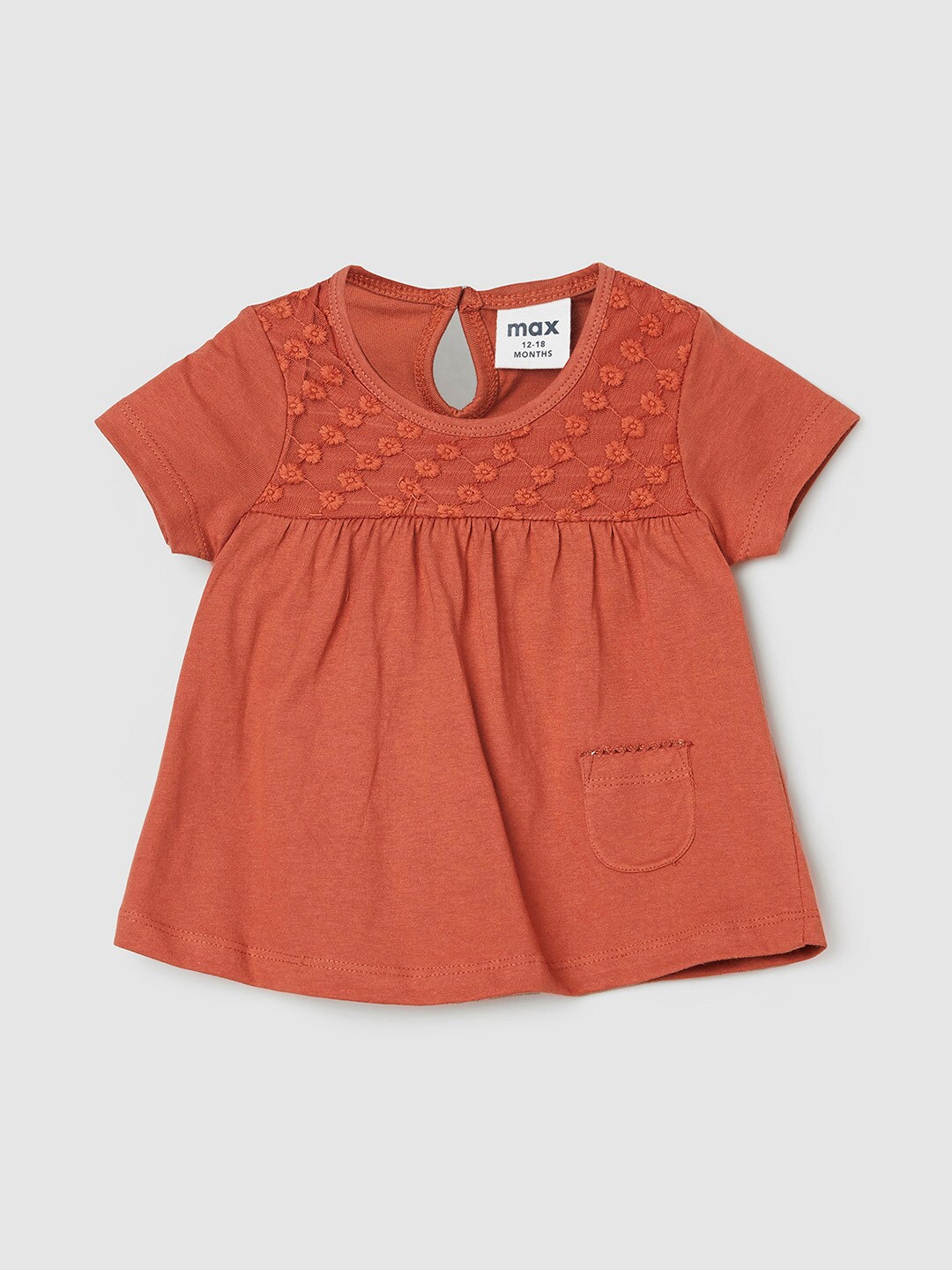 

max Girls Coral Orange Floral Embroidered Pure Cotton Top