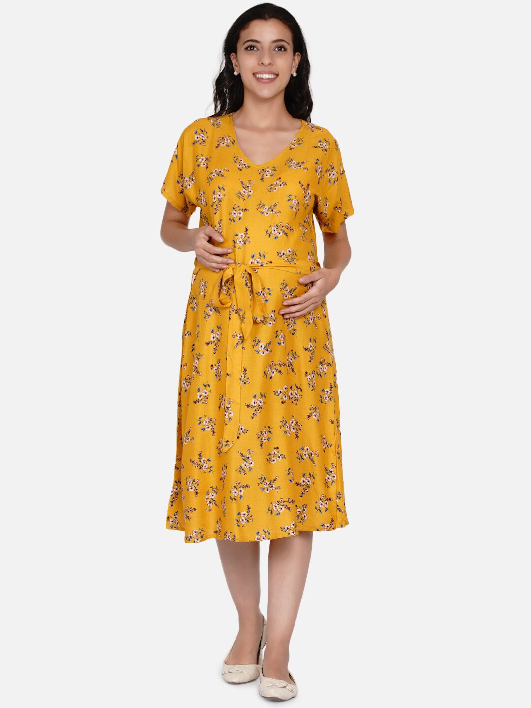 

The Kaftan Company Mustard Yellow Floral Maternity Midi Dress