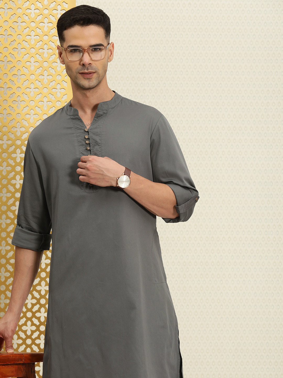 

House of Pataudi Men Pure Cotton Solid Mandarin Collar Rozana Kurta, Grey