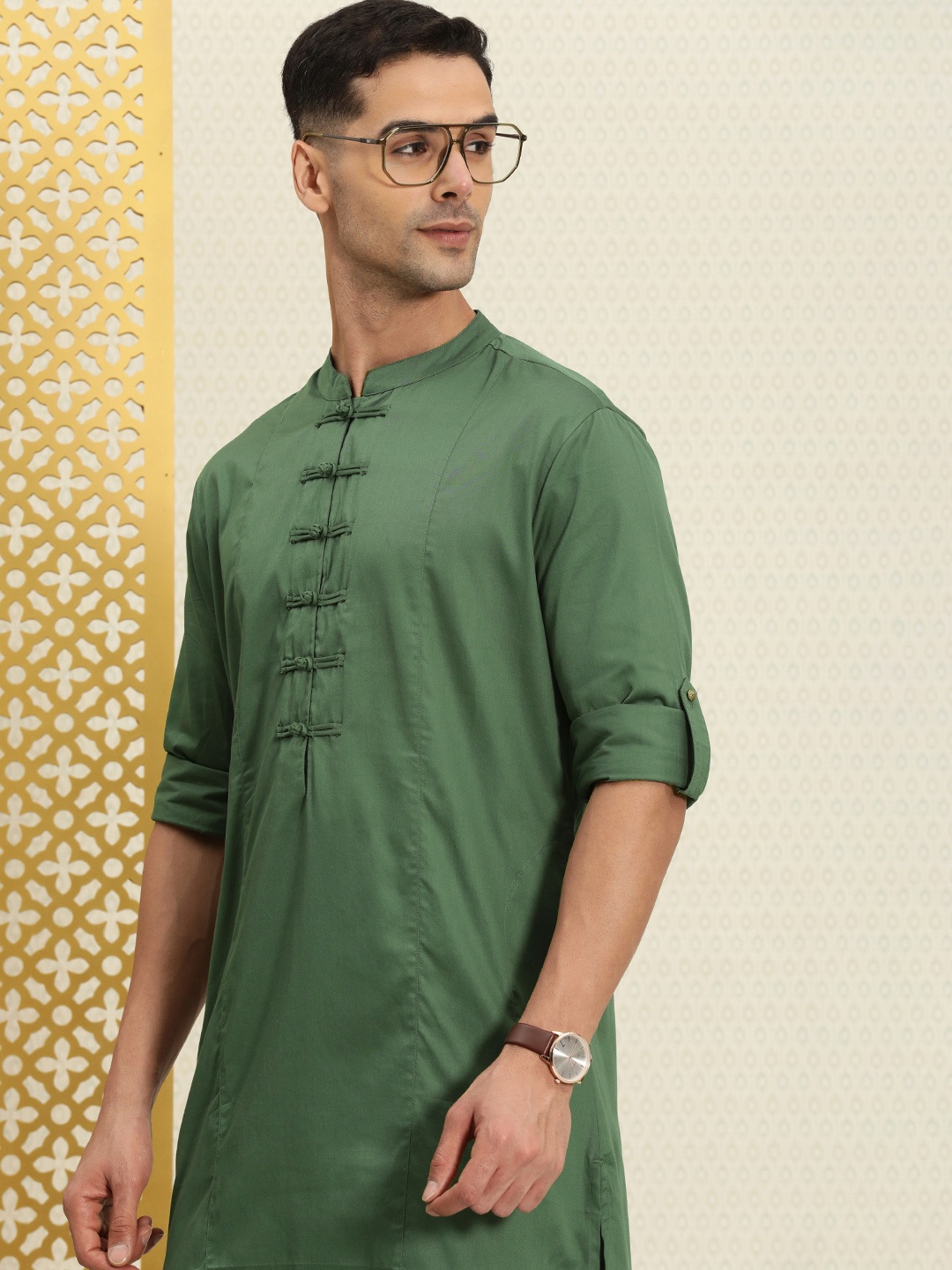 

House of Pataudi Pure Cotton Roll-Up Sleeves Rozana Kurta, Green