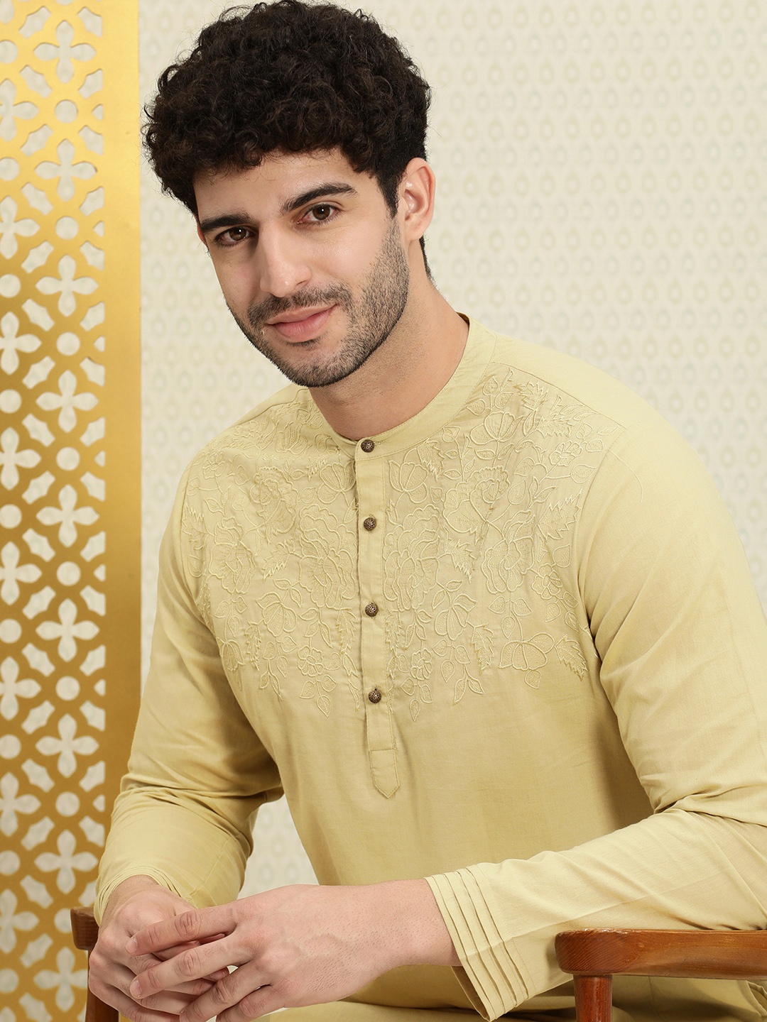 

House of Pataudi Rozana Pure Cotton Embroidered Floral Kurta, Beige