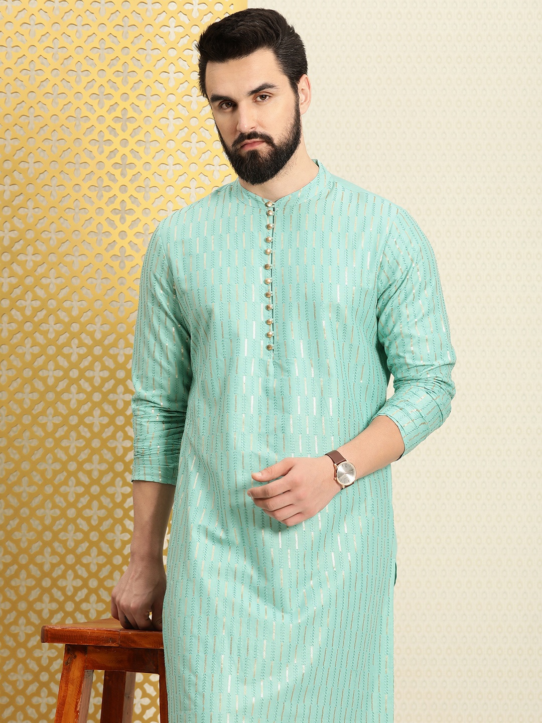 

House of Pataudi Jashn Sequinned Pure Cotton Woven Straight Kurta, Sea green