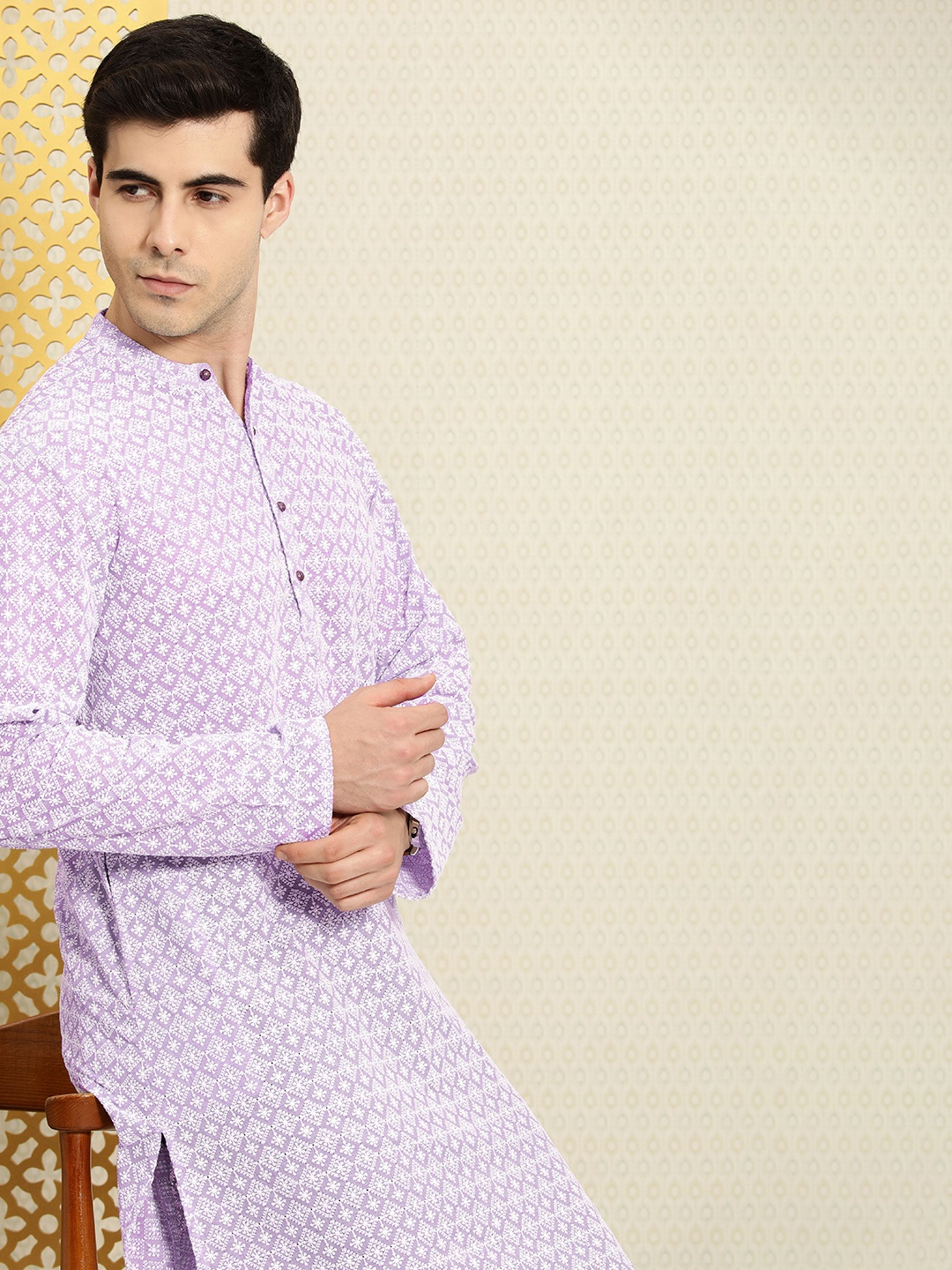 

House of Pataudi Men Ethnic Motifs Embroidered Chikankar Rozana Kurta, Lavender